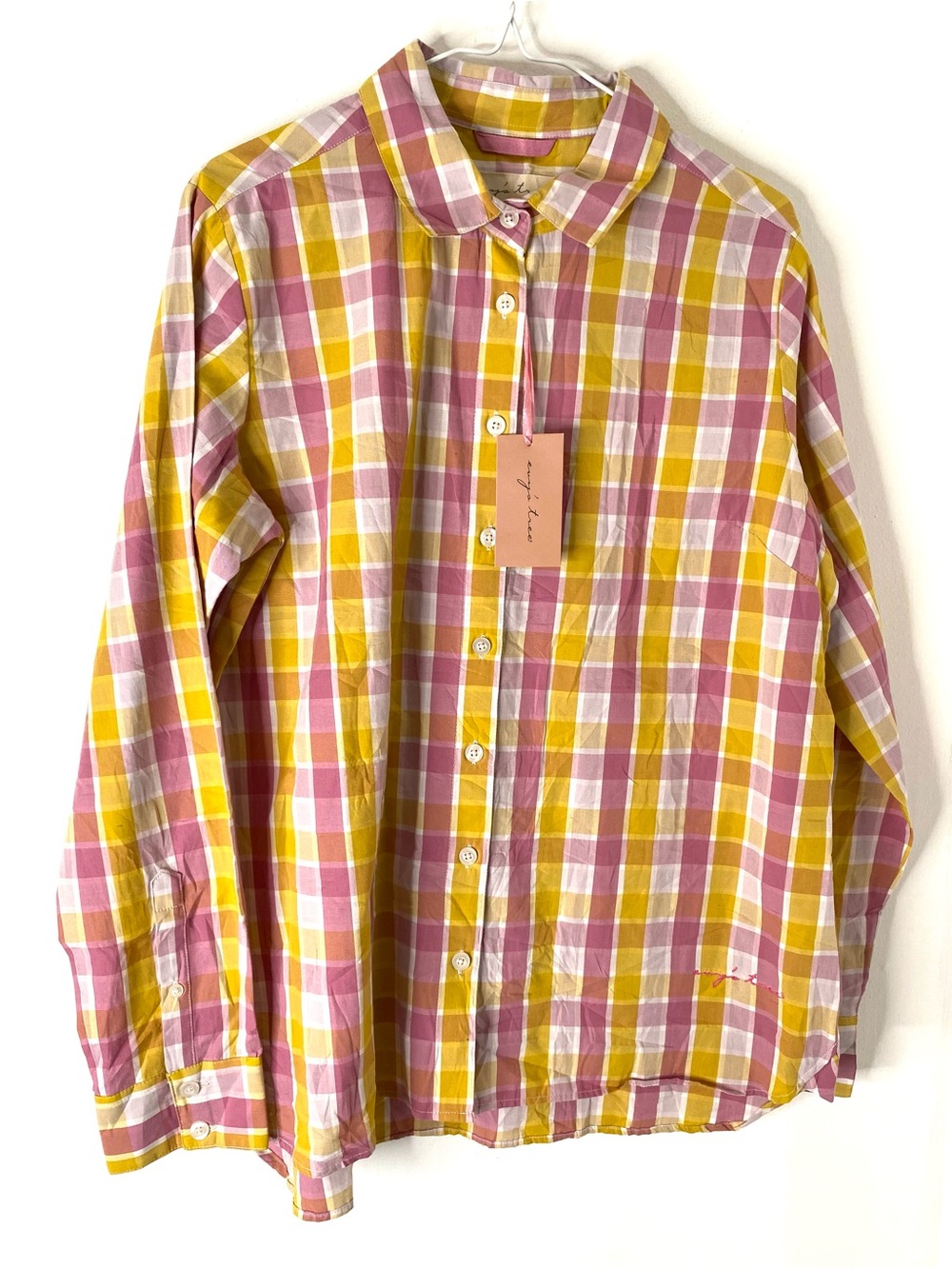 Evy's Tree Amy Shirt Pink Yellow Plaid Button Front Cotton NWT